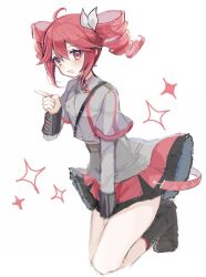 Rule 34 | 1girl, ahoge, black footwear, commentary, drill hair, flat chest, grey jacket, grey skirt, hair ribbon, hand up, jacket, kasane teto, kasane teto (sv), layered sleeves, long sleeves, mint chocoooo, open mouth, pink trim, red eyes, red hair, ribbon, short over long sleeves, short sleeves, simple background, skirt, sleeve cuffs, smile, sparkle, synthesizer v, twin drills, utau, white background, white ribbon