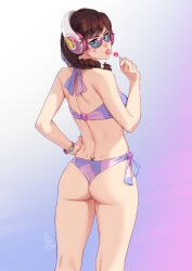 Rule 34 | 1girl, alternate costume, ass, back tattoo, bikini, bracelet, breasts, brown hair, candy, cowboy shot, d.va (overwatch), facial mark, feguimel, food, from behind, gradient background, hand on own hip, headphones, highres, holding, holding candy, holding food, holding lollipop, jewelry, lollipop, looking at viewer, medium hair, overwatch, purple bikini, side-tie bikini bottom, signature, small breasts, solo, sunglasses, swimsuit, tattoo, tongue, tongue out, tramp stamp