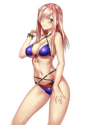 Rule 34 | 1girl, ;), absurdres, adapted costume, bikini, blue bikini, blue eyes, blush, breasts, bright pupils, cleavage, contrapposto, cowboy shot, criss-cross halter, fate/grand order, fate (series), hair down, halterneck, hand on own thigh, hand up, highres, kai (pixiv12466647), long hair, medium breasts, miyamoto musashi (fate), navel, o-ring, o-ring bikini, o-ring bottom, one eye closed, pink hair, sidelocks, simple background, smile, solo, standing, swimsuit, white background, wrist cuffs