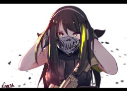 Rule 34 | 1girl, absurdres, adjusting hair, artist name, assault rifle, brown eyes, brown hair, covered mouth, gar32, girls&#039; frontline, gloves, gun, hair between eyes, highres, letterboxed, m4 carbine, m4a1 (girls&#039; frontline), mask, mouth mask, rifle, skull mask, solo, upper body, weapon, white background