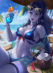 Rule 34 | 1girl, beach, beach umbrella, bikini, blue kimono, blue sky, body writing, bracelet, breasts, chair, cocktail glass, cocktail umbrella, coconut, colored skin, cote d&#039;azur widowmaker, cowboy shot, cup, drink, drinking glass, drinking straw, earrings, elbow gloves, eyewear on head, flower, food, frank lee, fruit, gloves, hand up, highres, holding, holding cup, hoop earrings, horizon, hurricane glass, ice, ice cube, japanese clothes, jewelry, kimono, knee up, leaning back, long hair, looking at viewer, lounge chair, mechanical arms, medium breasts, multi-strapped bikini, nail polish, navel, outdoors, overwatch, overwatch 1, palm leaf, palm tree, plumeria, ponytail, purple hair, purple lips, purple skin, red nails, sarong, scar, see-through, shawl, single mechanical arm, sitting, sky, solo, starfish, sunglasses, swimsuit, table, tattoo, thigh strap, tree, umbrella, watermelon, white flower, widowmaker (overwatch), yellow eyes