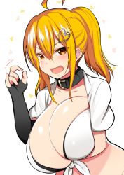 Rule 34 | 1girl, :d, ahoge, blonde hair, borrowed character, breasts, brown eyes, choker, crop top, elbow gloves, fang, fingerless gloves, gloves, hair ornament, heart, heart hair ornament, huge breasts, long hair, looking at viewer, mofuaki, open mouth, original, ponytail, saaya (kirome), shirt, sidelocks, single elbow glove, single fingerless glove, single glove, smile, solo, tied shirt, upper body, v-shaped eyebrows, virtual youtuber