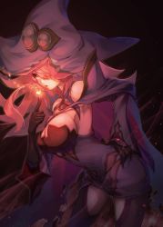 Rule 34 | 1girl, armpits, bare shoulders, bent over, black sclera, black thighhighs, blazblue, blowing, breasts, cape, cleavage, colored sclera, cowboy shot, detached sleeves, dress, eyelashes, fire, fire, hair over one eye, hand on own hip, hat, highres, konoe a. mercury, large breasts, long hair, long sleeves, looking at viewer, magic, online neet, open mouth, pink hair, purple dress, pyrokinesis, shaded face, short dress, smile, solo, thighhighs, torn cape, torn clothes, wide sleeves, witch, witch hat, yellow eyes