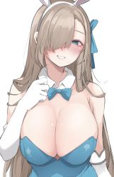 Rule 34 | 1girl, animal ears, asuna (blue archive), asuna (bunny) (blue archive), blue archive, blue eyes, blush, bow, bowtie, breasts, cleavage, detached collar, elbow gloves, fake animal ears, gloves, hair over one eye, hair ribbon, huge breasts, leotard, light brown hair, long hair, looking at viewer, mole, mole on breast, neck ribbon, playboy bunny, rabbit ears, ribbon, sakurayu haru, simple background, smile, solo, swept bangs, teeth, traditional bowtie, upper body, white background, white gloves