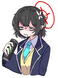 Rule 34 | 1girl, ayane (blue archive), black hair, blazer, blue archive, blue necktie, brand name imitation, can, collared shirt, dr yamero, energy drink, flower, hair flower, hair ornament, highres, holding, holding can, jacket, long sleeves, monster energy, necktie, no eyewear, pointy ears, shaded face, shirt, short hair, solo, sweater vest, upper body, yellow eyes