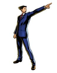 Rule 34 | 1boy, absurdres, black hair, capcom, formal, ace attorney, highres, lawyer, male focus, marvel, marvel vs. capcom, marvel vs. capcom 3, mori toshiaki, phoenix wright, necktie, official art, pointing, solo, suit, transparent background