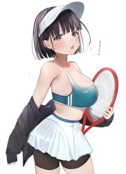 Rule 34 | 1girl, bare shoulders, bike shorts, bike shorts under skirt, black hair, blush, breasts, brown eyes, cleavage, commentary request, highres, holding, jacket, large breasts, looking at viewer, midriff, mole, mole on body, navel, off shoulder, open clothes, open jacket, open mouth, original, racket, short hair, shorts, shorts under skirt, simple background, skirt, sleeveless, sleeves past wrists, solo, sports bra, stomach, sweat, sweatdrop, tennis racket, uiri-na, visor cap, white background