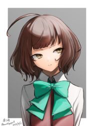Rule 34 | 1girl, ahoge, blue bow, blue bowtie, blunt bangs, border, bow, bowtie, brown eyes, brown hair, character name, commentary request, dated, grey background, halterneck, highres, kantai collection, kishinami (kancolle), school uniform, shirt, short hair, solo, twitter username, two-tone background, umibudou, upper body, wavy hair, white border, white shirt