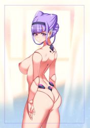Rule 34 | 10s, 1girl, ass, black hairband, border, braid, breasts, cone hair bun, cowboy shot, doll joints, french braid, hair bun, hairband, highres, hugtto! precure, joints, looking at viewer, looking to the side, medium breasts, nipples, nude, precure, purple eyes, purple hair, rumo, ruru amour, short hair, solo, standing