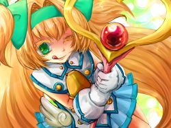 Rule 34 | 1girl, :p, arc system works, bare shoulders, bell, blazblue, blazblue: continuum shift, blonde hair, bow, gloves, green eyes, hair bow, hairband, heart, heart-shaped pupils, long hair, muchourin, one eye closed, platinum the trinity, quad tails, skirt, smile, solo, staff, symbol-shaped pupils, tongue, tongue out, twintails, two side up, very long hair, wink
