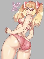 Rule 34 | 1girl, agawa ryou, ass, ass focus, blonde hair, blunt bangs, bow, bra, breasts, commentary, cowboy shot, dated, english commentary, from behind, from below, glasses, gradient hair, grey background, hair bow, long hair, looking at viewer, looking back, multicolored hair, open mouth, original, panties, pink bra, pink eyes, pink panties, semi-rimless eyewear, shiny skin, sideboob, sidelocks, signature, simple background, solo, standing, thighs, twintails, underwear, underwear only