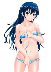 Rule 34 | 10s, 1girl, bikini, blue bikini, blue hair, blush, breasts, brown eyes, collarbone, covering privates, covering crotch, hand on own chest, highres, kaze makase, long hair, looking at viewer, love live!, love live! school idol project, navel, side-tie bikini bottom, simple background, small breasts, solo, sonoda umi, standing, stomach, swimsuit, untied bikini, wardrobe malfunction, white background