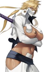 Rule 34 | 1girl, absurdres, arrancar, belt, bleach, blonde hair, breast tattoo, breasts, colored eyelashes, cropped jacket, crossed arms, crossed bangs, dark-skinned female, dark skin, eyelashes, female focus, gloves, green eyes, hair between eyes, highres, hip vent, jacket, large breasts, long hair, long sleeves, mask, navel, number tattoo, open clothes, open jacket, pants, revision, sheath, solo, sword, tattoo, tier harribel, tri tails, underboob, weapon, white jacket, white pants, yoshio (55level)