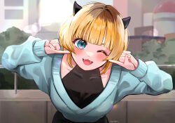 Rule 34 | 1girl, :3, artist name, blonde hair, blue eyes, blue sweater, blurry, blurry background, blush, bokeh, commentary, covered collarbone, demon horns, depth of field, fangs, highres, horns, light particles, long sleeves, looking at viewer, mem-cho, multicolored hair, one eye closed, open mouth, oshi no ko, outdoors, pointing, pointing at self, roots (hair), rounizm, short hair, smile, solo, sweater