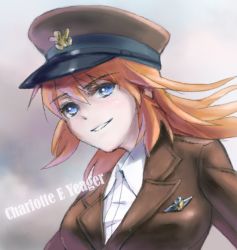 Rule 34 | 1girl, bad id, bad pixiv id, blue eyes, breasts, charlotte e. yeager, hat, kisetsu, long hair, medium breasts, military, military uniform, orange hair, smile, solo, strike witches, uniform, world witches series