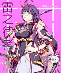 Rule 34 | 1girl, bag, breasts, casual, cleavage, grin, hand on own hip, highres, holding, holding sword, holding weapon, honkai (series), honkai impact 3rd, horns, katana, kiana kaslana, kiana kaslana (white comet), long hair, looking at viewer, multiple swords, nail polish, open clothes, panos (ssgpanos), pink background, pink nails, purple eyes, purple hair, raiden mei, raiden mei (crimson impulse), raiden mei (herrscher of thunder), shoulder bag, sleeves past elbows, smile, solo, sunglasses, sword, teeth, weapon