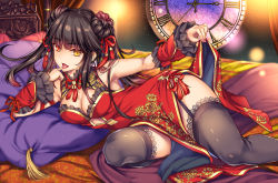 Rule 34 | alternate costume, alternate hairstyle, bed, black hair, breasts, china dress, chinese clothes, cleavage, clock, clothes lift, date a live, double bun, dress, dress lift, finger to tongue, hair bun, heterochromia, highres, lace trim, lifting own clothes, lying, monety, on side, solo, symbol-shaped pupils, thighhighs, tokisaki kurumi, tongue, tongue out