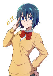 Rule 34 | 1girl, adjusting eyewear, azami masurao, blue eyes, blue hair, bow, bowtie, cardigan, ciel (tsukihime), closed mouth, collared shirt, commentary request, cosplay, glasses, hair between eyes, hand on own hip, highres, long sleeves, looking at viewer, red bow, school uniform, shirt, short hair, simple background, smile, solo, tsukihime, tsukihime (remake), uniform, white background, white shirt, yellow cardigan, yumizuka satsuki, yumizuka satsuki (cosplay)