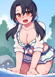 Rule 34 | bikini, bikini skirt, black hair, blue sky, blush, breasts, brown eyes, checkered bikini, checkered clothes, cleavage, cloud, collarbone, commentary request, cowboy shot, day, idolmaster, idolmaster million live!, kwaejina, long hair, long sleeves, looking at viewer, low twintails, medium breasts, on water, open clothes, open mouth, open shirt, outdoors, river, rock, shirt, sidelocks, sky, sleeves rolled up, smile, splashing, swimsuit, takayama sayoko, thighs, tied shirt, tree, twintails, wet, wet clothes, wet shirt, white bikini, white shirt