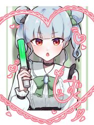 Rule 34 | 1girl, :c, black choker, blue hair, blunt bangs, blush, bow, bowtie, brooch, center frills, choker, collared shirt, dot nose, double bun, frilled shirt, frills, glowstick, green bow, green bowtie, hair bun, hand up, heart, heart choker, highres, holding, holding glowstick, hyodou shizuku, idoly pride, inset border, jewelry, jun (jun72275969), letterboxed, long bangs, long sleeves, looking at viewer, motion lines, open mouth, red eyes, ring, shadow, shirt, short twintails, sidelocks, solo, straight-on, twintails, upper body, v-shaped eyebrows, white shirt