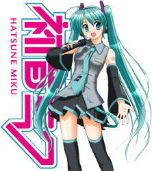 Rule 34 | 1girl, aqua eyes, aqua hair, character name, detached sleeves, hatsune miku, headset, ikawa kanoya, long hair, microphone, necktie, open mouth, panties, pantyshot, simple background, skirt, solo, striped clothes, striped panties, thighhighs, twintails, underwear, upskirt, very long hair, vocaloid, white background