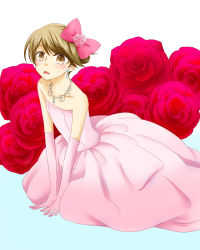 Rule 34 | 10s, 1boy, bad id, bad pixiv id, bare shoulders, blush, bow, brown eyes, brown hair, crossdressing, danganronpa: trigger happy havoc, danganronpa (series), dress, earrings, elbow gloves, flower, fujisaki chihiro, gloves, gown, hair bow, highres, jewelry, male focus, necklace, open mouth, ronpaxronpa, short hair, solo, sweatdrop, trap