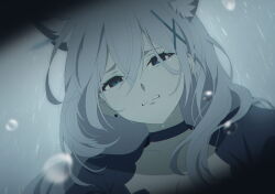 Rule 34 | 1girl, animal ear fluff, animal ears, artist request, black choker, black dress, blue archive, blue eyes, choker, cross hair ornament, crying, crying with eyes open, diamond-shaped pupils, diamond (shape), dress, extra ears, game cg, grey hair, hair ornament, highres, long hair, looking at viewer, mismatched pupils, official art, open mouth, rain, shiroko (blue archive), shiroko terror (blue archive), solo, spoilers, symbol-shaped pupils, tears, wolf ears