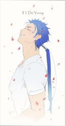 Rule 34 | 1boy, beads, blue hair, closed mouth, cu chulainn (fate), earrings, english text, closed eyes, fang, fate/stay night, fate (series), from side, grin, hair beads, hair ornament, iash, jewelry, cu chulainn (fate/stay night), long hair, male focus, muscular, muscular male, petals, ponytail, shirt, simple background, smile, solo, spiked hair, t-shirt