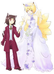 Rule 34 | 2girls, alternate costume, animal ears, bad id, bad pixiv id, blonde hair, bride, cat ears, cat girl, cat tail, chen, contemporary, dress, earrings, female focus, formal, fox ears, fox tail, jewelry, multiple girls, multiple tails, pant suit, pants, satou, suit, tail, touhou, wedding dress, wife and wife, yakumo ran, yuri