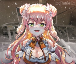 Rule 34 | 1girl, blonde hair, breasts, cleavage, commentary, double bun, english commentary, fang, fang out, freeze-ex, green eyes, hair bun, hololive, husbant (meme), large breasts, long hair, long sleeves, looking at viewer, meme, momosuzu nene, open mouth, smile, snow, snowing, solo, virtual youtuber