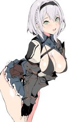 Rule 34 | 1girl, alternate costume, armor, ass, belt, bikini, bikini top only, black armor, black bikini, black gloves, blue collar, blue skirt, braid, breasts, cleavage, collar, fingerless gloves, gloves, green eyes, hands on own knees, highres, hololive, large breasts, looking at viewer, magaeshi, medium hair, miniskirt, mole, mole on breast, open mouth, shirogane noel, shirogane noel (1st costume), shoulder armor, skirt, solo, swimsuit, teeth, thighs, upper teeth only, utility belt, virtual youtuber, white background, white hair, wrist guards