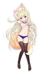 Rule 34 | 1girl, animal ears, arm up, player character (mabinogi), bad id, bad pixiv id, black thighhighs, blonde hair, blue buruma, blush, breasts, buruma, character request, closed mouth, commentary, commission, fox ears, fox girl, fox tail, gluteal fold, goyain, groin, gym shirt, gym uniform, hair censor, hair over breasts, head tilt, highres, long hair, looking at viewer, lying, mabinogi, navel, no shoes, on back, puffy short sleeves, puffy sleeves, purple eyes, shirt, short sleeves, small breasts, solo, tail, thighhighs, very long hair, white background, white shirt
