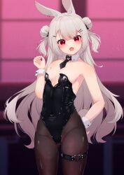 Rule 34 | 1girl, :d, absurdres, animal ear fluff, animal ears, bare shoulders, black bow, black leotard, black necktie, blurry, blurry background, blush, bow, brown pantyhose, collar, commentary request, covered navel, depth of field, detached collar, double bun, ear piercing, grey hair, groin, hair bow, hair bun, hair ornament, hairclip, hand on own hip, hand up, heart o-ring, highres, hinata (user rjkt4745), leotard, long hair, looking at viewer, nail polish, necktie, open mouth, original, pantyhose, piercing, pink nails, playboy bunny, rabbit ears, red eyes, short necktie, skindentation, smile, solo, standing, strapless, strapless leotard, thigh strap, two side up, very long hair, white collar, wing collar, wrist cuffs