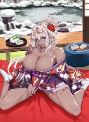 Rule 34 | 1girl, animal ears, blue eyes, body markings, breasts, caenis (fate), cleavage, collarbone, dark-skinned female, dark skin, fate/grand order, fate (series), floral print, flower, food, furisode, hair flower, hair ornament, highres, huge breasts, japanese clothes, kimono, long hair, massive kagawa, muscular, muscular female, nail polish, off shoulder, open clothes, open mouth, pink nails, smile, socks, spread legs, thighs, toned, white hair, white socks