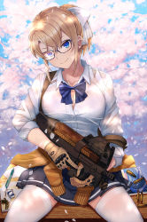 Rule 34 | 1girl, bespectacled, between legs, black-framed eyewear, black skirt, blonde girl (itou), blonde hair, blue bow, blue bowtie, blue sky, bow, bowtie, breast rest, breasts, brown gloves, brown jacket, bullet, bullpup, cherry blossoms, cleavage, closed mouth, clothes around waist, collared shirt, day, desk, eraser, glasses, gloves, gun, hair between eyes, hair bow, hand between legs, head tilt, highres, holding, holding gun, holding weapon, horizontal magazine, itou (onsoku tassha), jacket, jacket around waist, large breasts, looking at viewer, notebook, original, outdoors, p90, pen, personal defense weapon, pleated skirt, ponytail, school desk, see-through, shirt, short hair, sitting, skirt, sky, smile, smug, solo, spread legs, submachine gun, thighhighs, translucent, tree, trigger discipline, weapon, white bow, white shirt, white thighhighs, wing collar