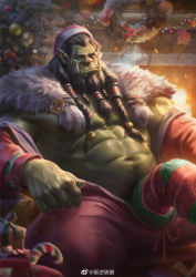 Rule 34 | 1boy, 6suan, abs, alternate costume, bara, bare pectorals, beard, black hair, bulge, christmas, christmas tree, colored skin, erection, erection under clothes, facial hair, fangs, green skin, hat, highres, jacket, large pectorals, long hair, looking at viewer, male focus, male pubic hair, mature male, monster boy, muscular, muscular male, navel, navel hair, nipples, open clothes, open jacket, orc, pants, pectorals, pointy ears, pubic hair, red pants, santa costume, santa hat, sitting, sock on penis, socks, solo, spread legs, stomach, thick thighs, thighs, thrall, warcraft