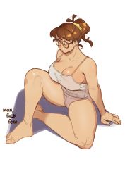 Rule 34 | 1girl, absurdres, barefoot, breasts, brown eyes, brown hair, camisole, cleavage, collarbone, english text, from above, glasses, grey panties, highres, large breasts, looking down, original, panties, ponytail, profanity, shadow, short hair, sitting, sketch, snowcie, snowciel, solo, underwear, underwear only, white camisole