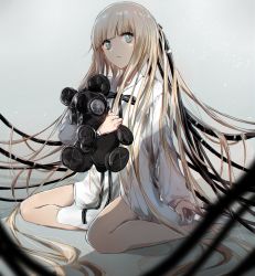 Rule 34 | 1girl, :o, black ribbon, blonde hair, blue eyes, blunt bangs, blurry, blurry foreground, cable, collared dress, depth of field, dress, gas mask, grey background, highres, holding, long hair, long sleeves, looking at viewer, mask, neck ribbon, parted lips, ribbon, simple background, sitting, solo, stuffed animal, stuffed toy, swav, teddy bear, white dress