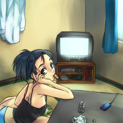 Rule 34 | 1girl, black hair, brown hair, chips (food), controller, crt, digital media player, eating, food, hair ornament, hairclip, high ponytail, kabane (follabi), looking at viewer, lowres, original, panties, potato chips, remote control, short ponytail, solo, spaghetti strap, tank top, television, underwear, watching television