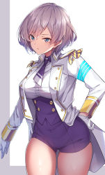 Rule 34 | 1girl, blue eyes, breasts, closed mouth, commentary request, epaulettes, gloves, gridman universe, hair between eyes, hand on own hip, highres, konnyaku (kk-monmon), long sleeves, looking at viewer, medium breasts, military, military uniform, mujina, short hair, silver hair, solo, ssss.dynazenon, thighs, uniform, white gloves
