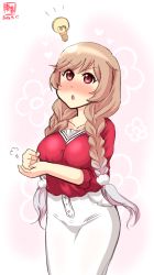 Rule 34 | 1girl, alternate costume, artist logo, blush, braid, brown eyes, collarbone, commentary request, dated, gradient hair, highres, idea, kanon (kurogane knights), kantai collection, light brown hair, light bulb, long hair, long sleeves, minegumo (kancolle), multicolored hair, open mouth, palm-fist tap, red shirt, shirt, skirt, solo, swept bangs, twin braids, white skirt