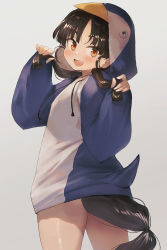 Rule 34 | 1girl, alternate costume, animal costume, black hair, blush, brown eyes, cowboy shot, fang, grey background, highres, kantai collection, long hair, long sleeves, looking at viewer, low-tied long hair, nisshin (kancolle), open mouth, penguin costume, short eyebrows, sidelocks, smile, solo, toka (marchlizard), very long hair