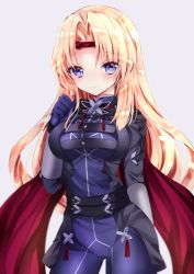Rule 34 | 1girl, blonde hair, blue bodysuit, blue eyes, blue gloves, blush, bodysuit, breasts, closed mouth, commentary request, cowboy shot, gloves, grey background, hand up, large breasts, light smile, long hair, long sleeves, looking at viewer, nanase nao, parted bangs, riesz, seiken densetsu, seiken densetsu 3, simple background, solo, standing, very long hair