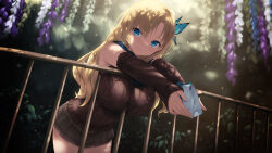 Rule 34 | 1girl, alternate costume, bag, bare shoulders, bent over, blonde hair, blue eyes, boku wa tomodachi ga sukunai, breasts, brown skirt, brown sleeves, brown sweater, butterfly hair ornament, cait aron, closed mouth, cowboy shot, detached sleeves, hair ornament, highres, holding, holding bag, kashiwazaki sena, large breasts, long hair, miniskirt, nail polish, plaid, plaid skirt, railing, skirt, smile, solo, standing, sweater, tree