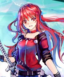 Rule 34 | 1girl, belt, black gloves, breasts, choker, fang, gloves, hair ribbon, katana, long hair, original, red eyes, red hair, ribbon, scabbard, sheath, sheathed, sky, small breasts, solo, sword, tianlluo, two side up, weapon, window