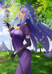 Rule 34 | 1girl, absurdres, arched back, black gloves, blue eyes, blue hair, braid, dress, elbow gloves, fate/stay night, fate (series), floating hair, from side, gloves, hair intakes, highres, holding, holding staff, kyoken, long hair, medea (fate), open mouth, pointy ears, purple dress, purple lips, single braid, solo, staff, standing, very long hair