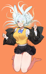 Rule 34 | 1girl, :d, absurdres, animal ears, bare legs, barefoot, black jacket, black skirt, blue bow, blue bowtie, blush, bow, bowtie, braid, breasts, clenched hand, collared shirt, commentary, floating hair, flower, flower over eye, hair flower, hair ornament, hair over eyes, hands up, highres, jacket, jumping, large breasts, long hair, long sleeves, looking at viewer, miniskirt, mr tangsuyuk, off shoulder, one eye covered, open clothes, open jacket, open mouth, orange background, original, pleated skirt, purple eyes, rabbit ears, school uniform, shirt, side braid, simple background, single braid, skirt, smile, solo, sweatdrop, sweater vest, swept bangs, teeth, thighs, v, vest, white shirt, wide sleeves, yellow vest