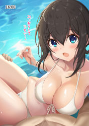 Rule 34 | 1boy, 1girl, azuki yui, bare shoulders, bikini, black hair, blue eyes, blush, breasts, carrying, cleavage, closed mouth, collarbone, commentary request, hair between eyes, hip focus, idolmaster, idolmaster cinderella girls, large breasts, long hair, looking at viewer, navel, open mouth, pov, sagisawa fumika, solo focus, swimsuit, thighs, water, white bikini