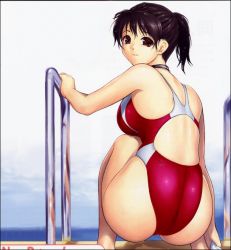 Rule 34 | 1girl, ass, black hair, breasts, brown eyes, competition swimsuit, from behind, highleg, highleg swimsuit, huge ass, iruma kamiri, large breasts, looking at viewer, looking back, non-web source, one-piece swimsuit, ponytail, pool, pool ladder, short hair, smile, solo, squatting, swimsuit, water, wet