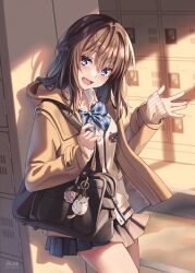 Rule 34 | 1girl, bag, black bag, black skirt, blue bow, blue bowtie, blue eyes, bow, bowtie, braid, breasts, brown hair, brown jacket, cardigan, collared shirt, commentary request, cowboy shot, dappled sunlight, evening, from side, hands up, highres, hood, hood down, hooded jacket, indoors, jacket, locker, long hair, long sleeves, looking at viewer, medium breasts, miniskirt, morigami (morigami no yashiro), open clothes, open jacket, open mouth, original, plaid, plaid bow, plaid bowtie, pleated skirt, school, school bag, school uniform, shirt, shoulder bag, sidelocks, skirt, sleeves past wrists, smile, solo, sunlight, thighs, twitter username, white shirt, yellow cardigan, zipper